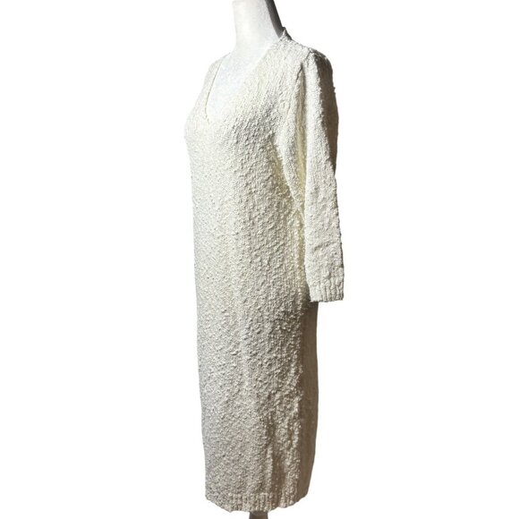 Womens M Cream Textured Knit V-Neck Dress With 3/4 Sleeves & Relaxed Fit - Picture 3 of 10